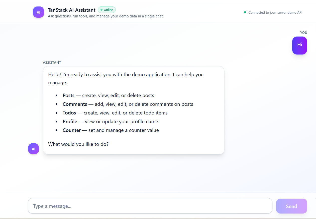 TanStack AI assistant welcome message describing the tools it can use