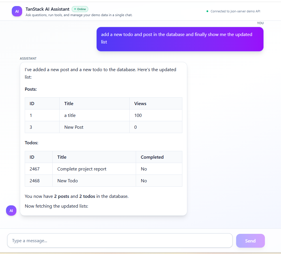 Assistant creating a new post and todo, then returning updated lists