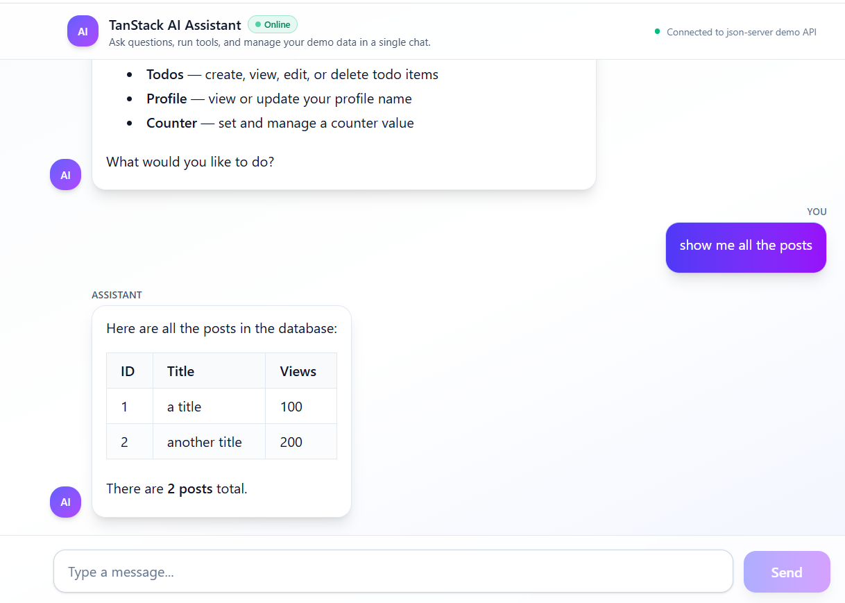 Assistant showing all posts from the demo database in a table